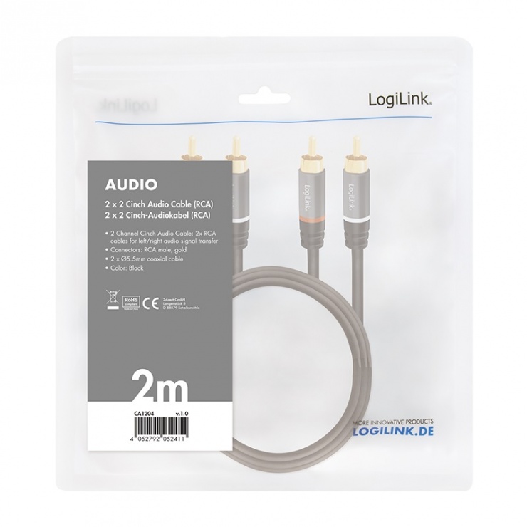 Imagine Cablu 2 x RCA la 2 x RCA T-T 2m Negru, Logilink CA1204